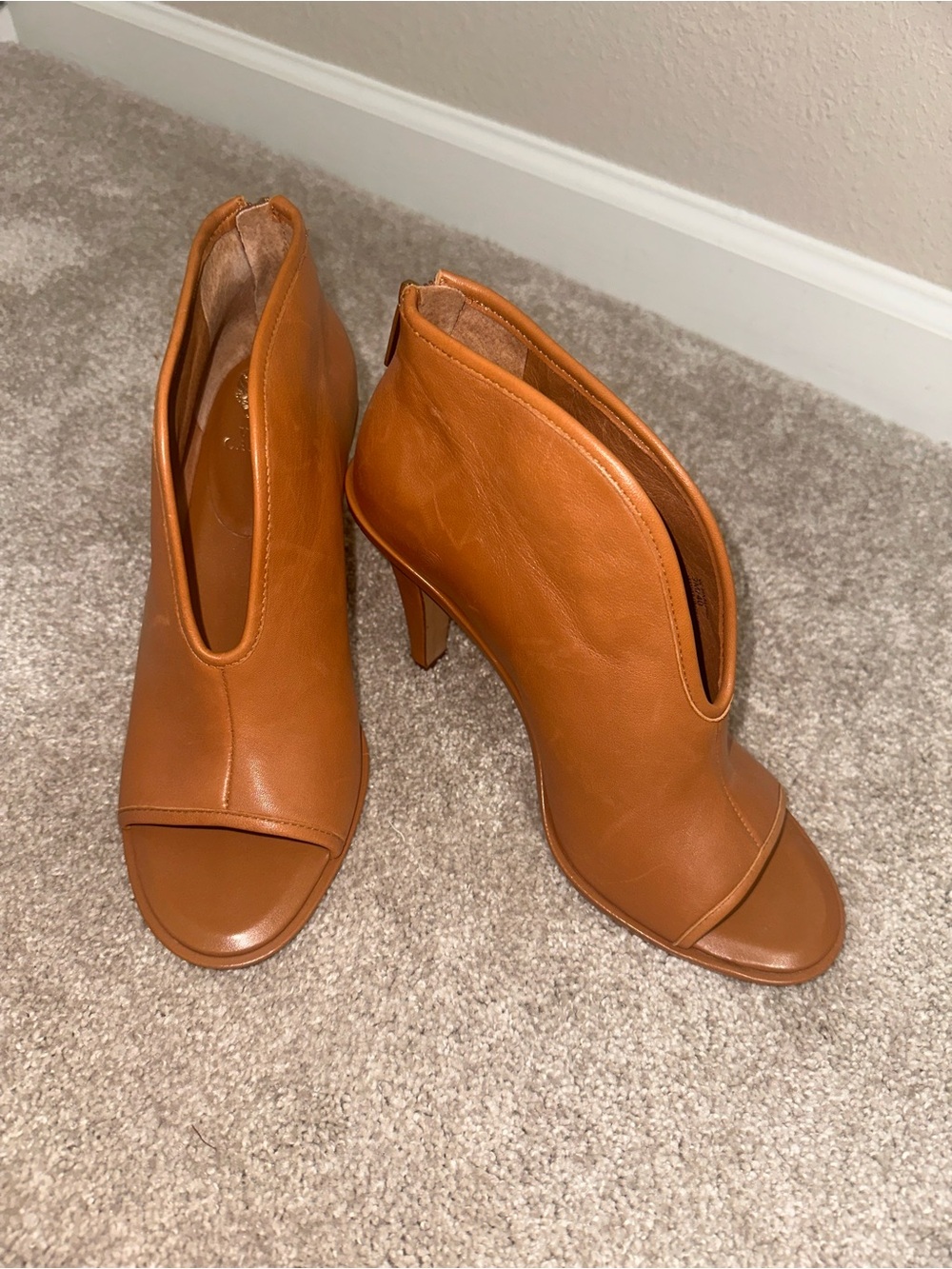 Vince Camuto Cognac Leather Peep-Toe Ankle Booties